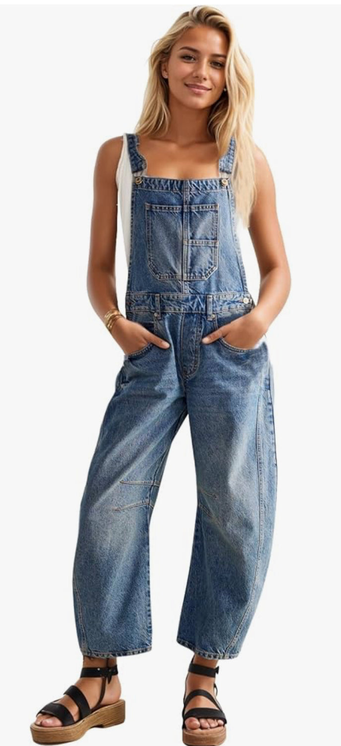 Denim Barrel Overalls