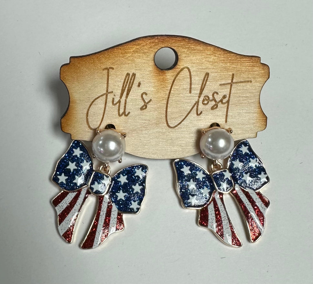 Pearl & Bow Patriotic Earrings