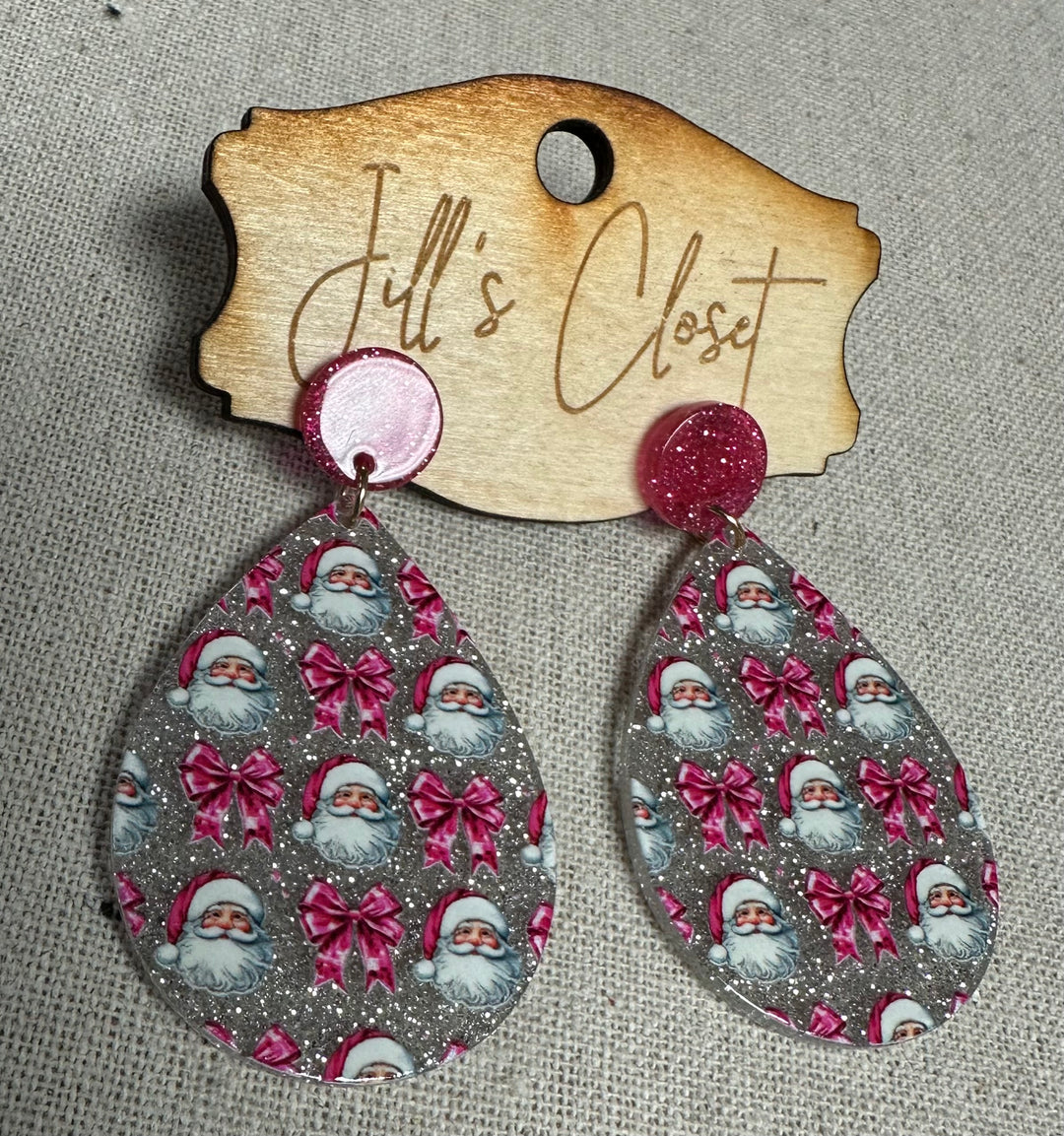 Silver & Pink Teardrop Santa Earrings