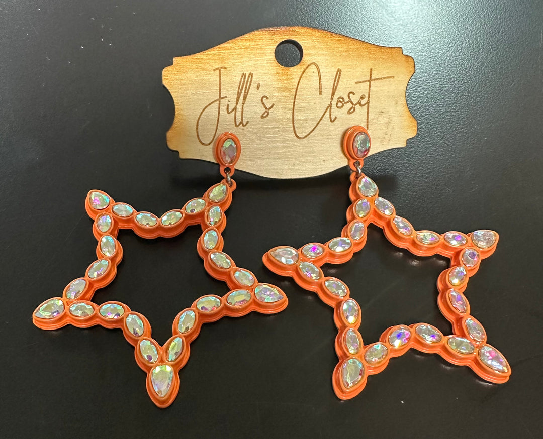 Lg Orange Star Bling Earrings