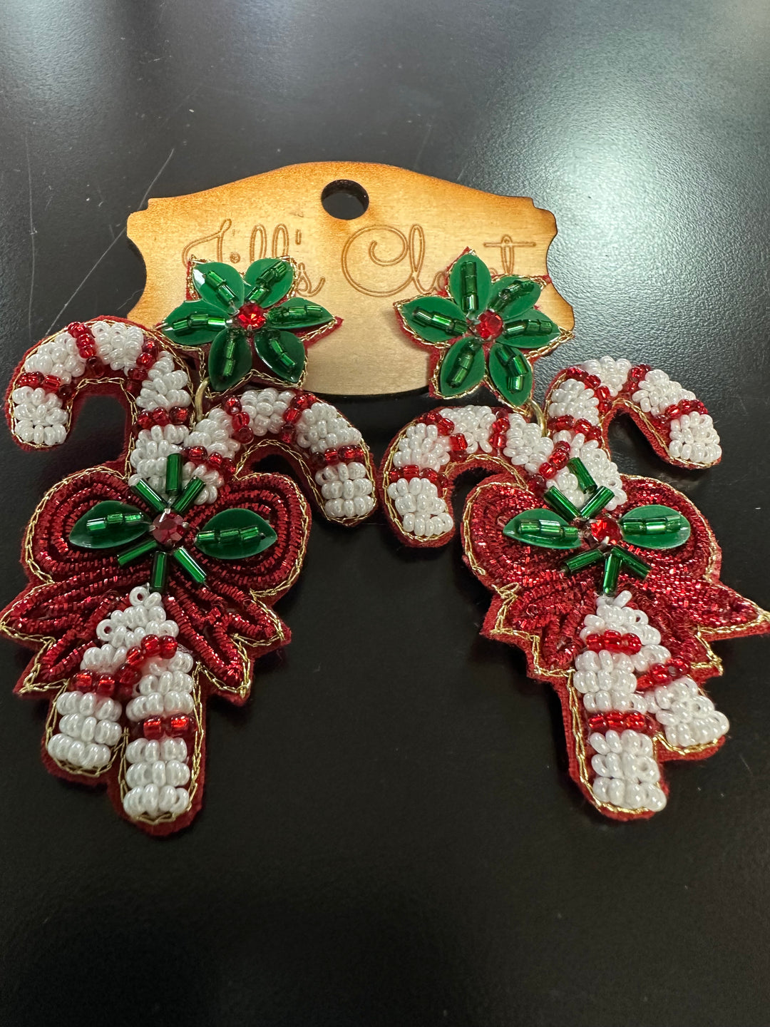 Beaded Candy Cane & Holly Earrings