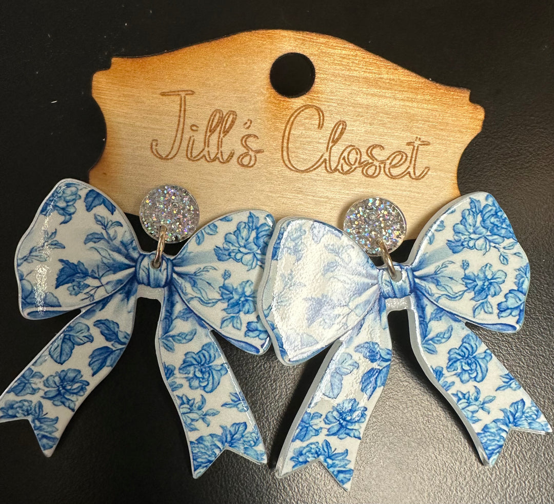 Blue Toile Bow Earrings