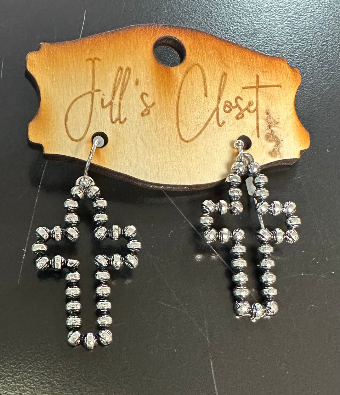 Silver Beaded Cross Earrings