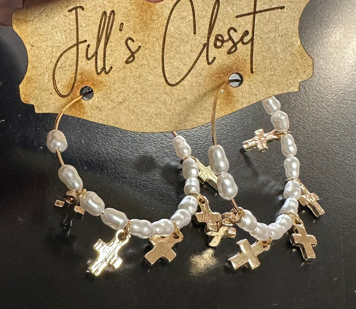 Pearl & Cross Hoop Earrings