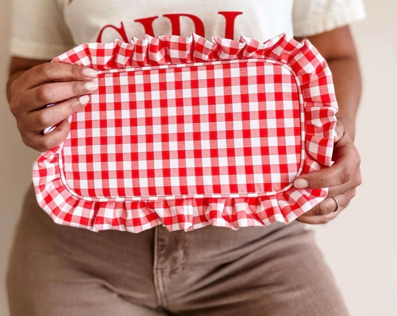 Gingham Ruffle Zipper Bag w/monogram