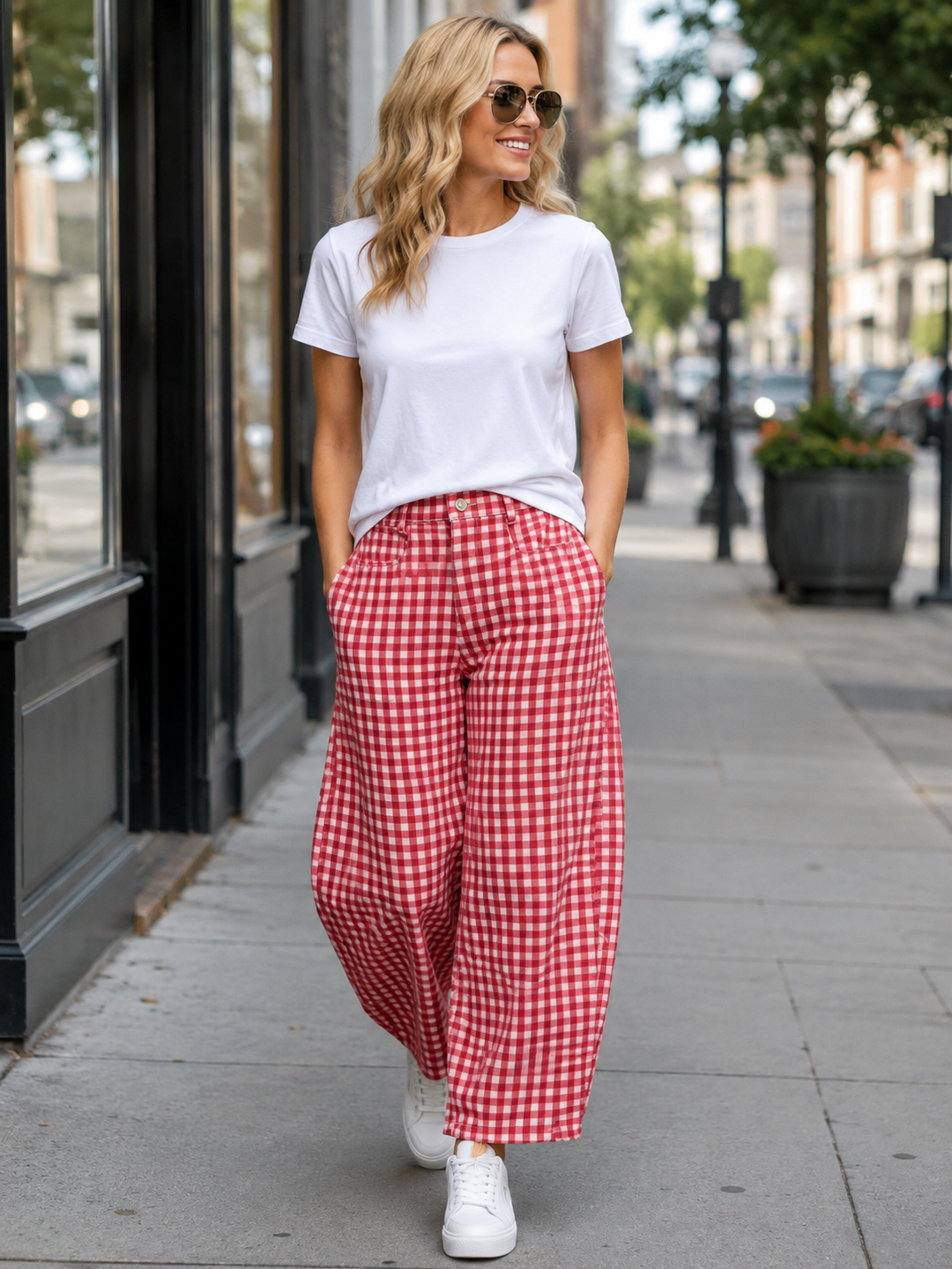 Red Gingham Barrel Pants