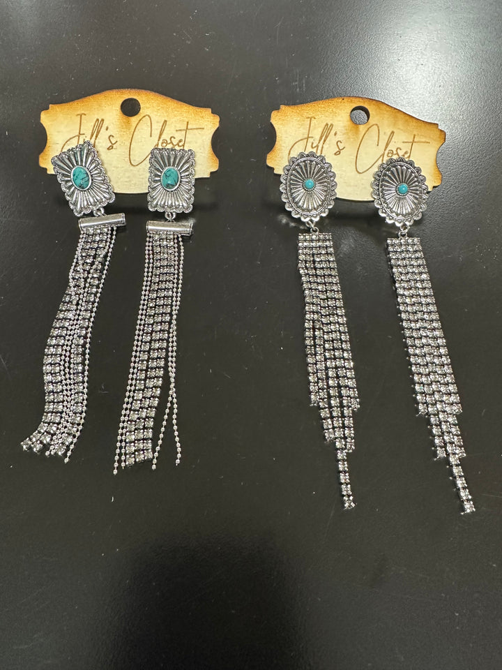 Long Rhinestone Fringe Concho Earrings