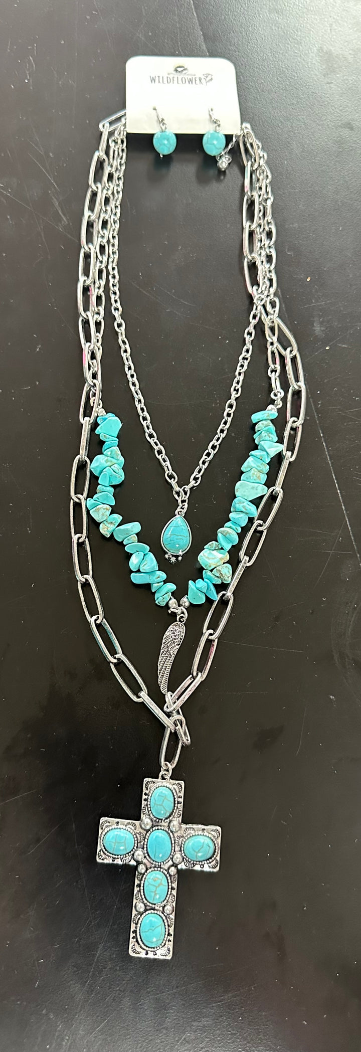 Triple Strand Turquoise Cross Necklace Set