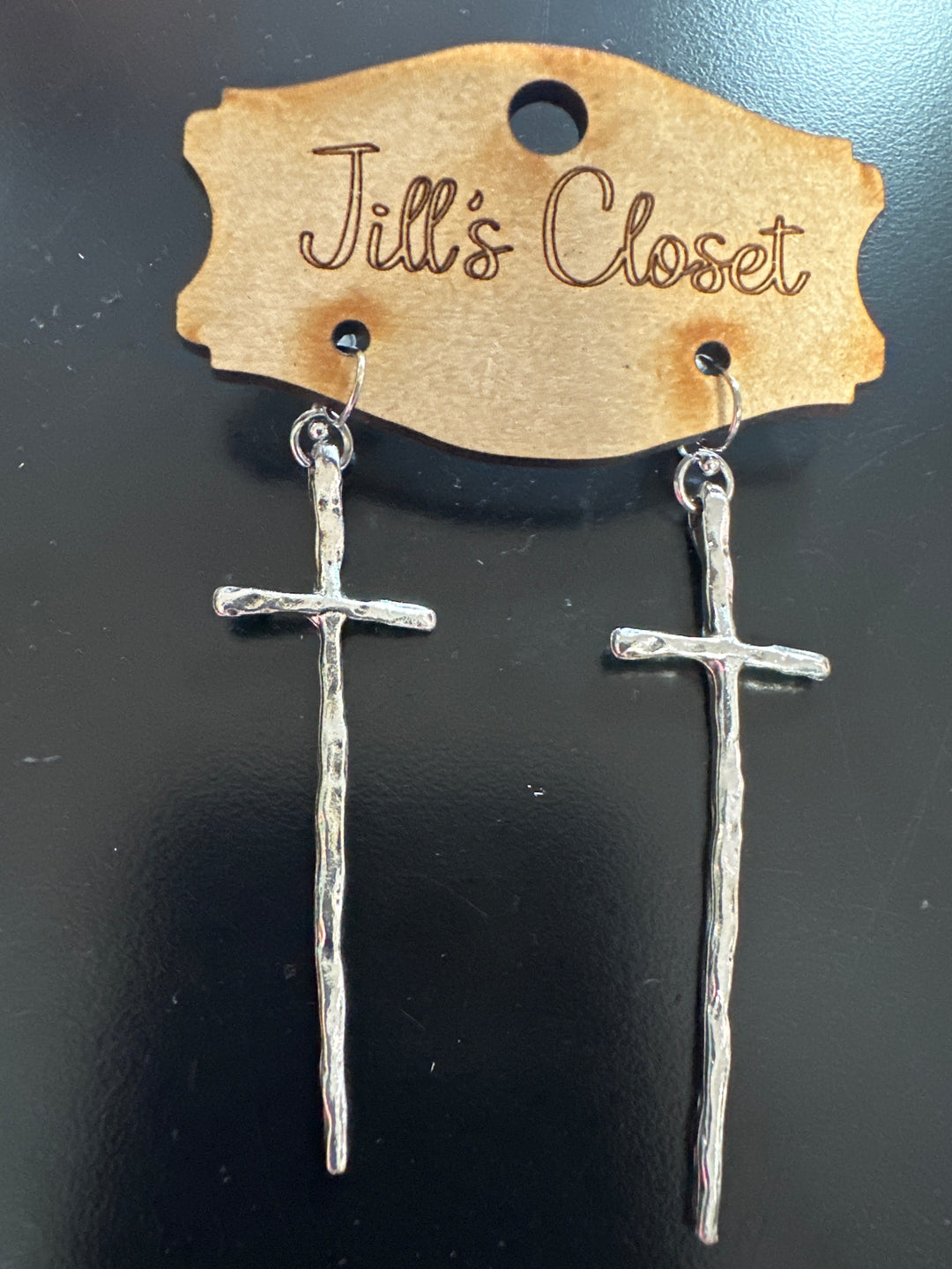 Long Hammered Cross Earrings