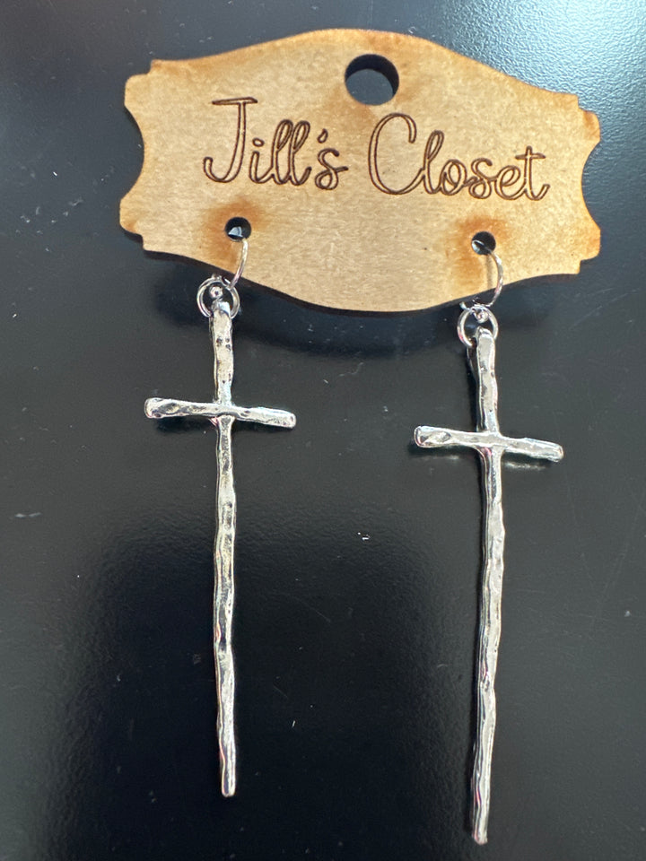 Long Hammered Cross Earrings
