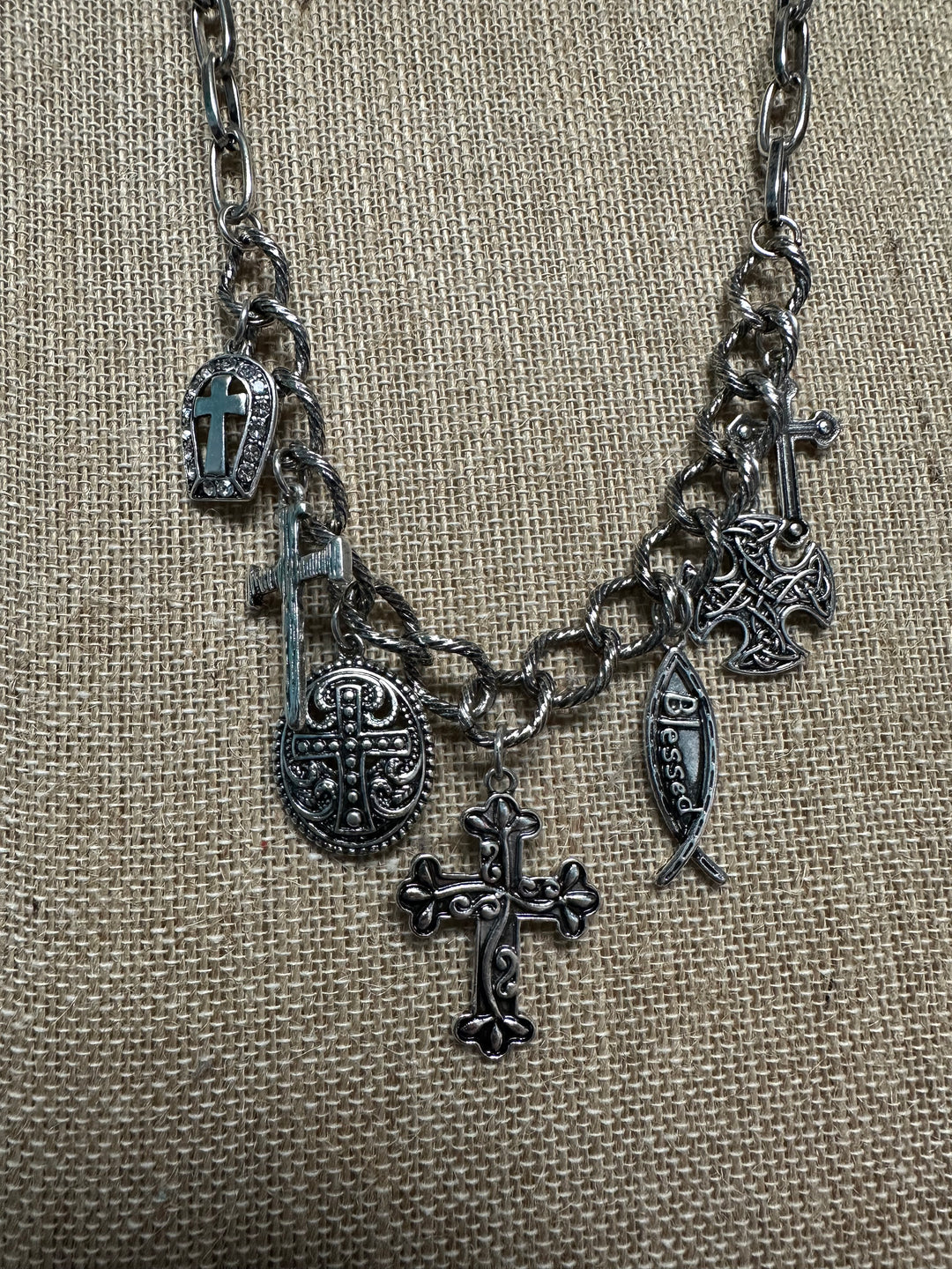 Silver Cross Charm Necklace & Earrings Set