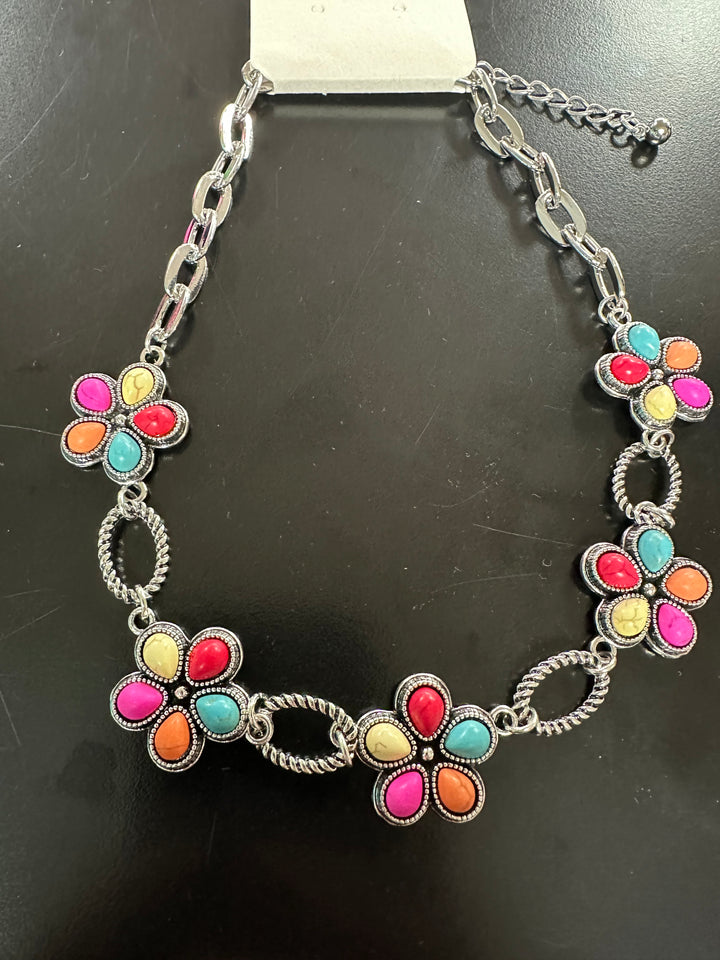 Multicolored Silver Chain Necklace.