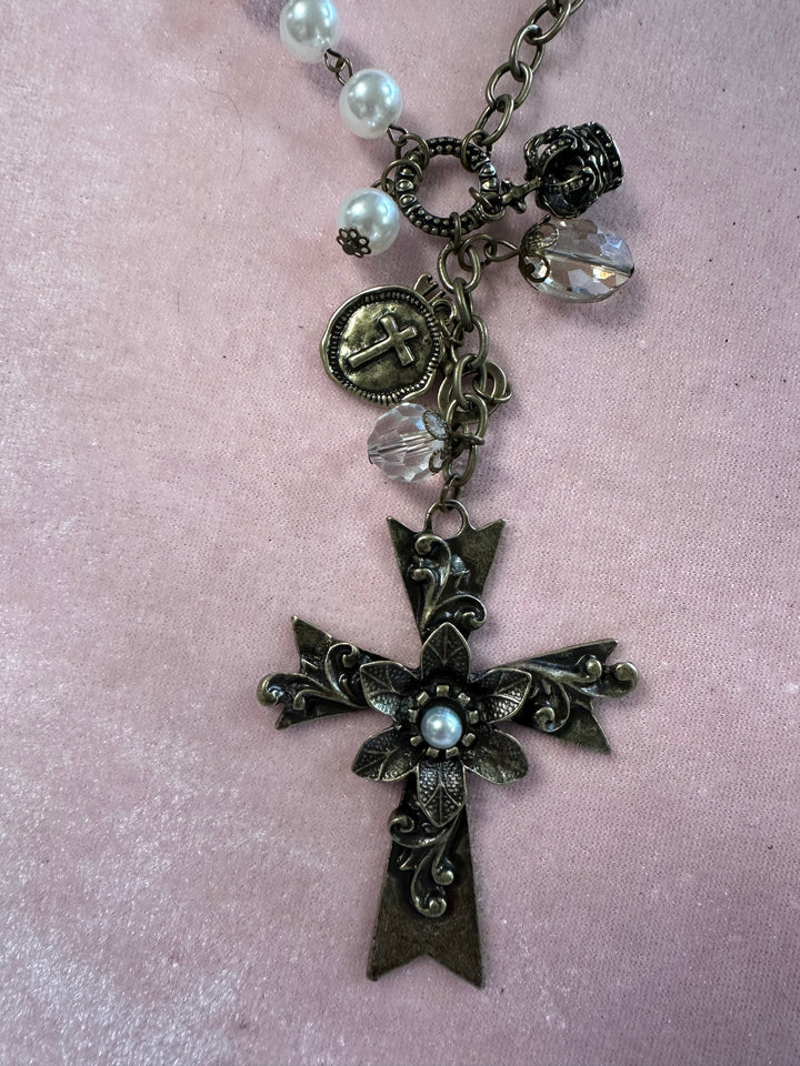 Pearl & Crystal Long Cross Necklace