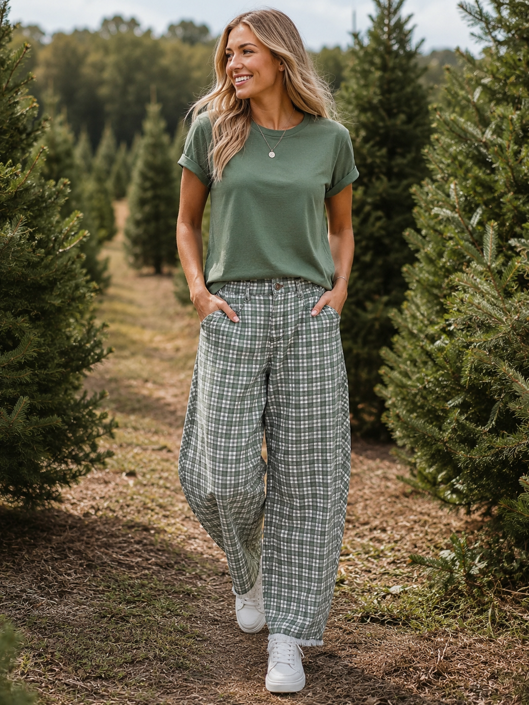 Green Plaid Barrel Jeans
