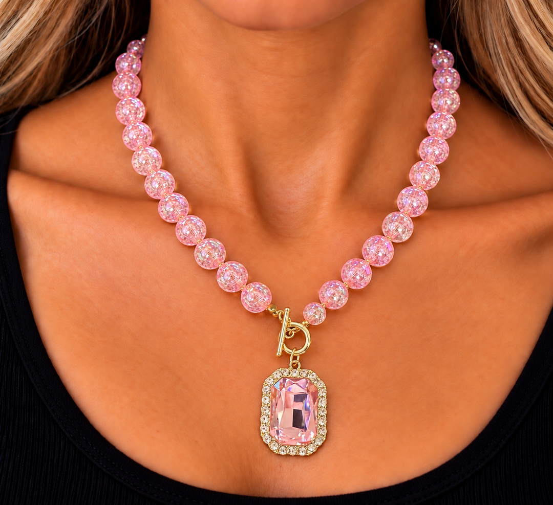 Crystal Pendant Beaded Toggle Necklace