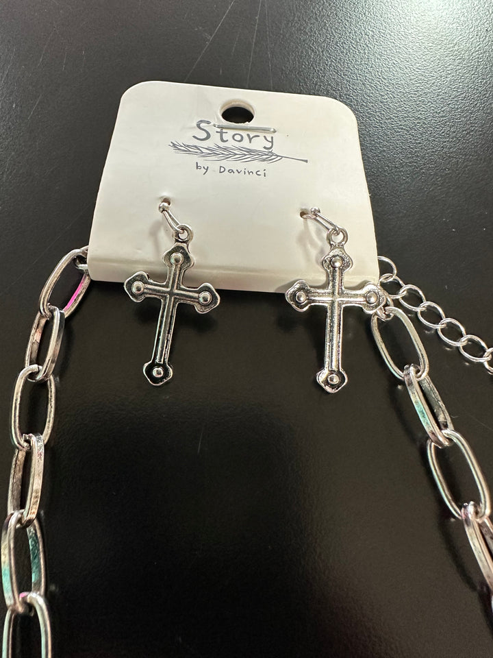 Silver Cross Charm Necklace & Earrings Set