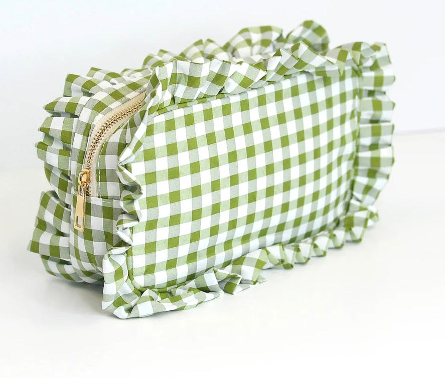 Gingham Ruffle Zipper Bag w/monogram