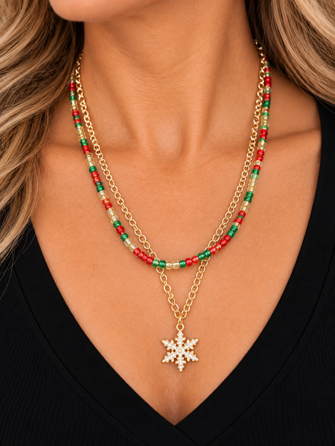 Beaded Double Strand Christmas Necklace