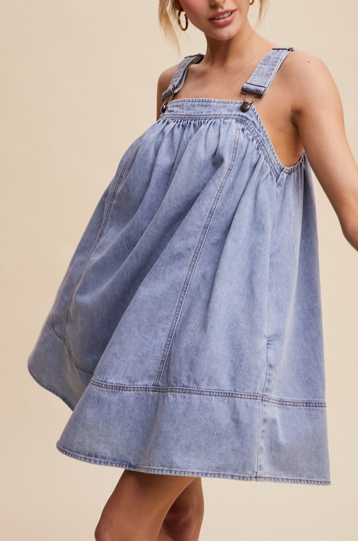 Pleated Denim Overall Dress