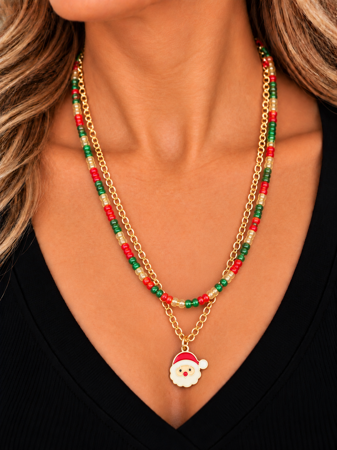 Beaded Double Strand Christmas Necklace