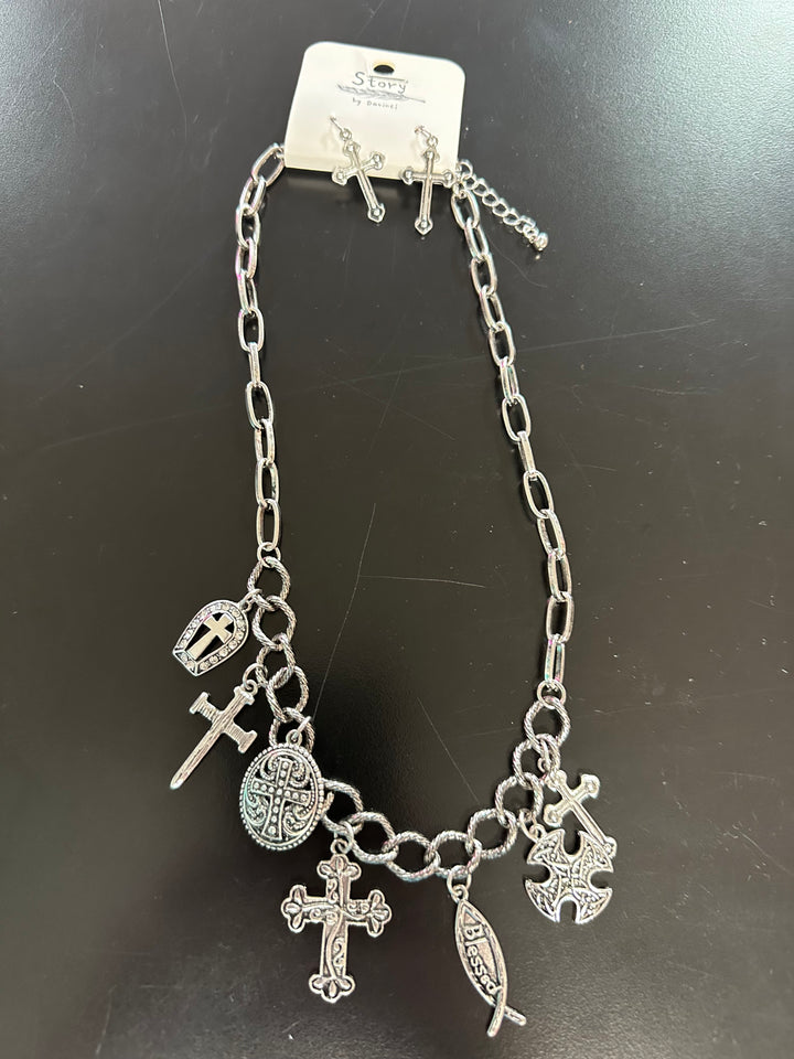 Silver Cross Charm Necklace & Earrings Set