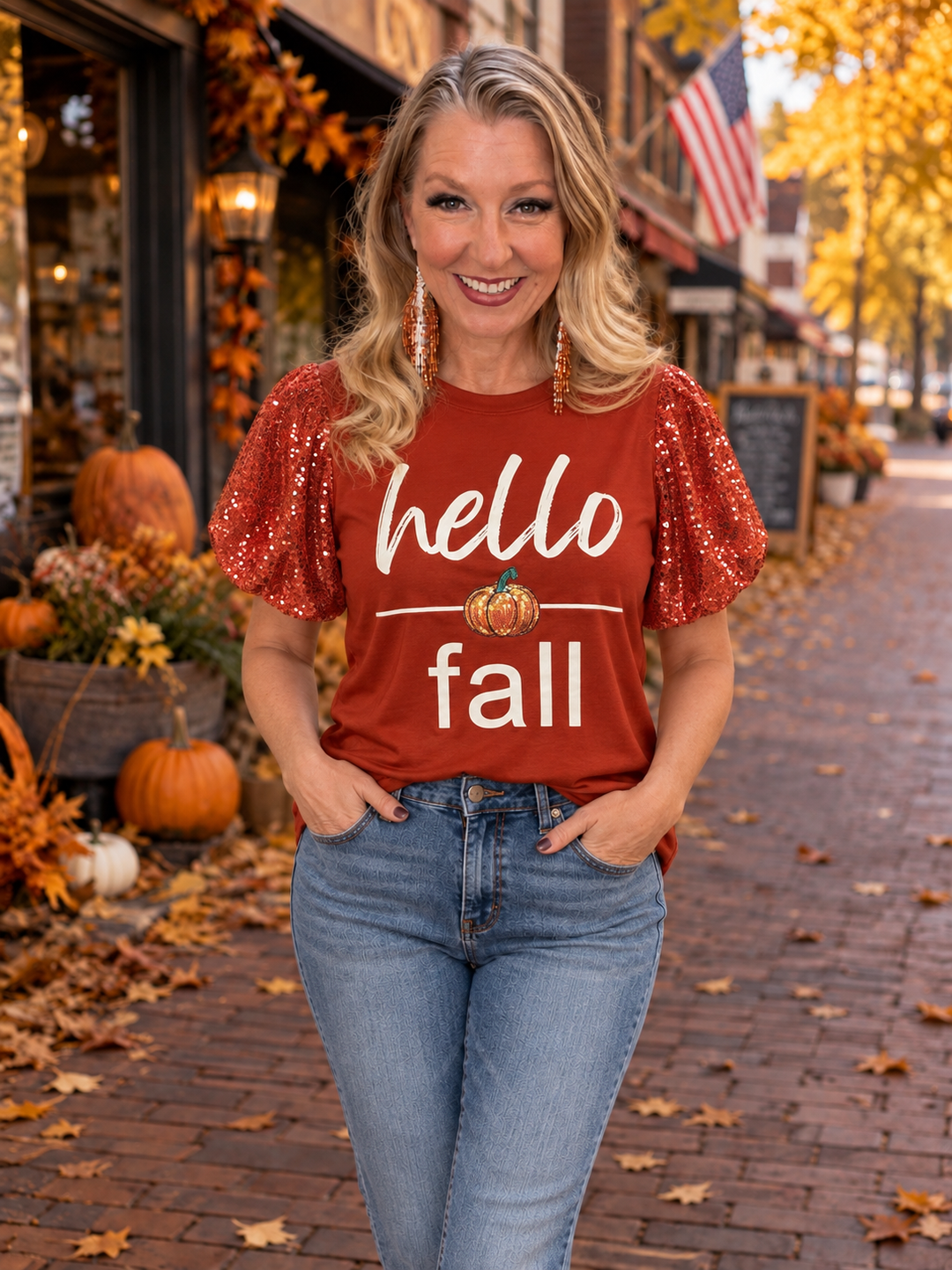 Hello Fall Sequin Sleeve Top