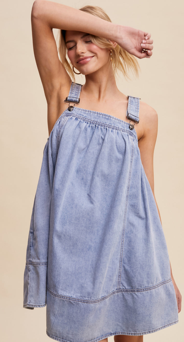 Pleated Denim Overall Dress