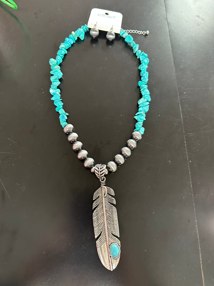 Turquoise Feather Necklace Set