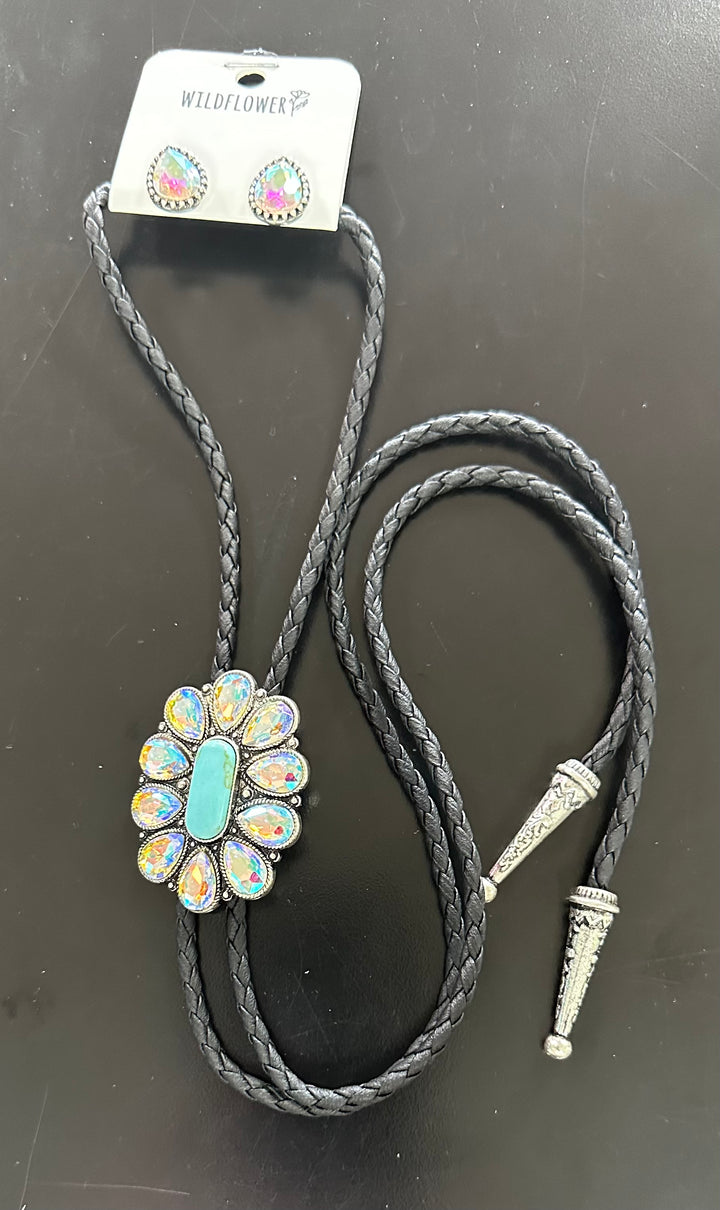 Bling & Turquoise Bolo w/ Earrings