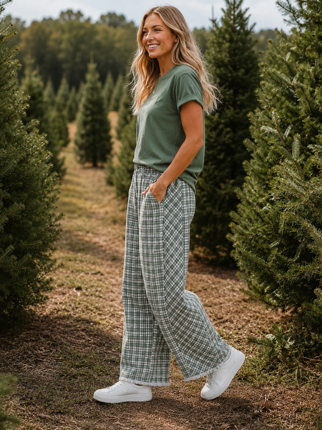 Green Plaid Barrel Jeans