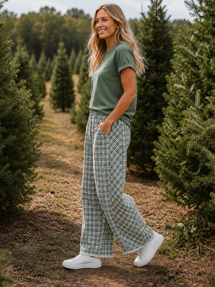 Green Plaid Barrel Jeans