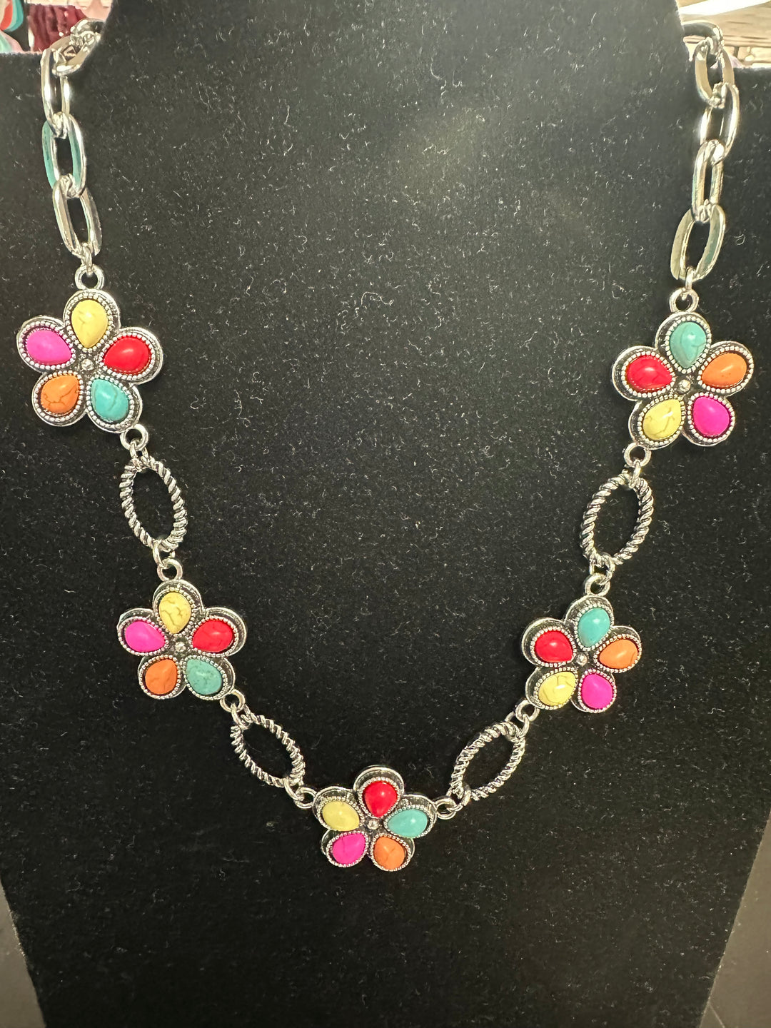 Multicolored Silver Chain Necklace.