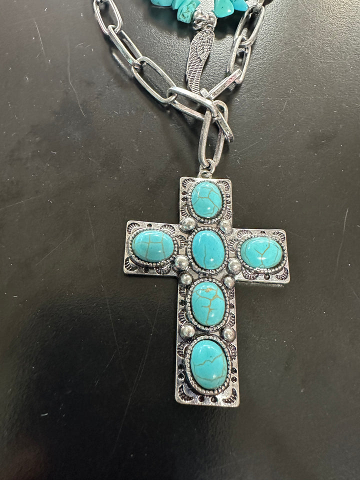 Triple Strand Turquoise Cross Necklace Set