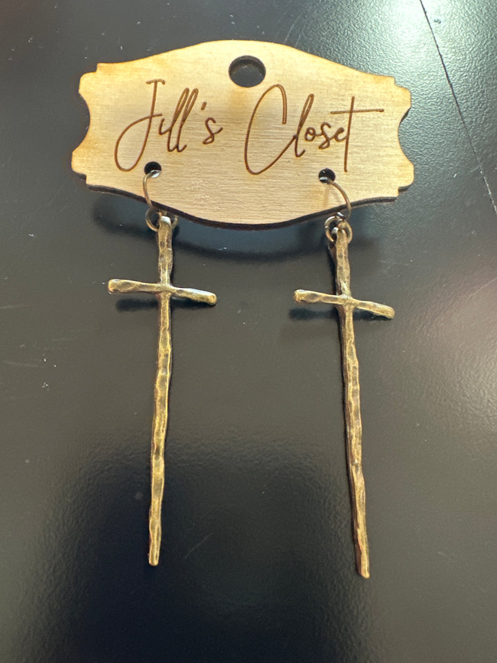 Long Hammered Cross Earrings