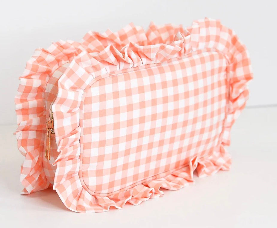 Gingham Ruffle Zipper Bag w/monogram