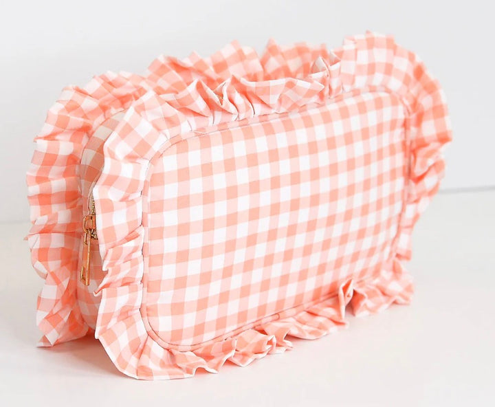 Gingham Ruffle Zipper Bag w/monogram