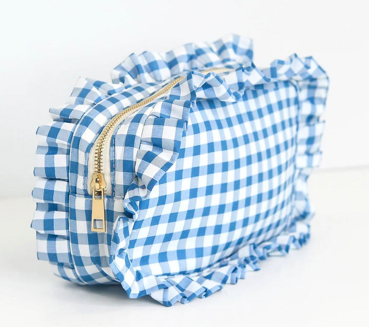 Gingham Ruffle Zipper Bag w/monogram