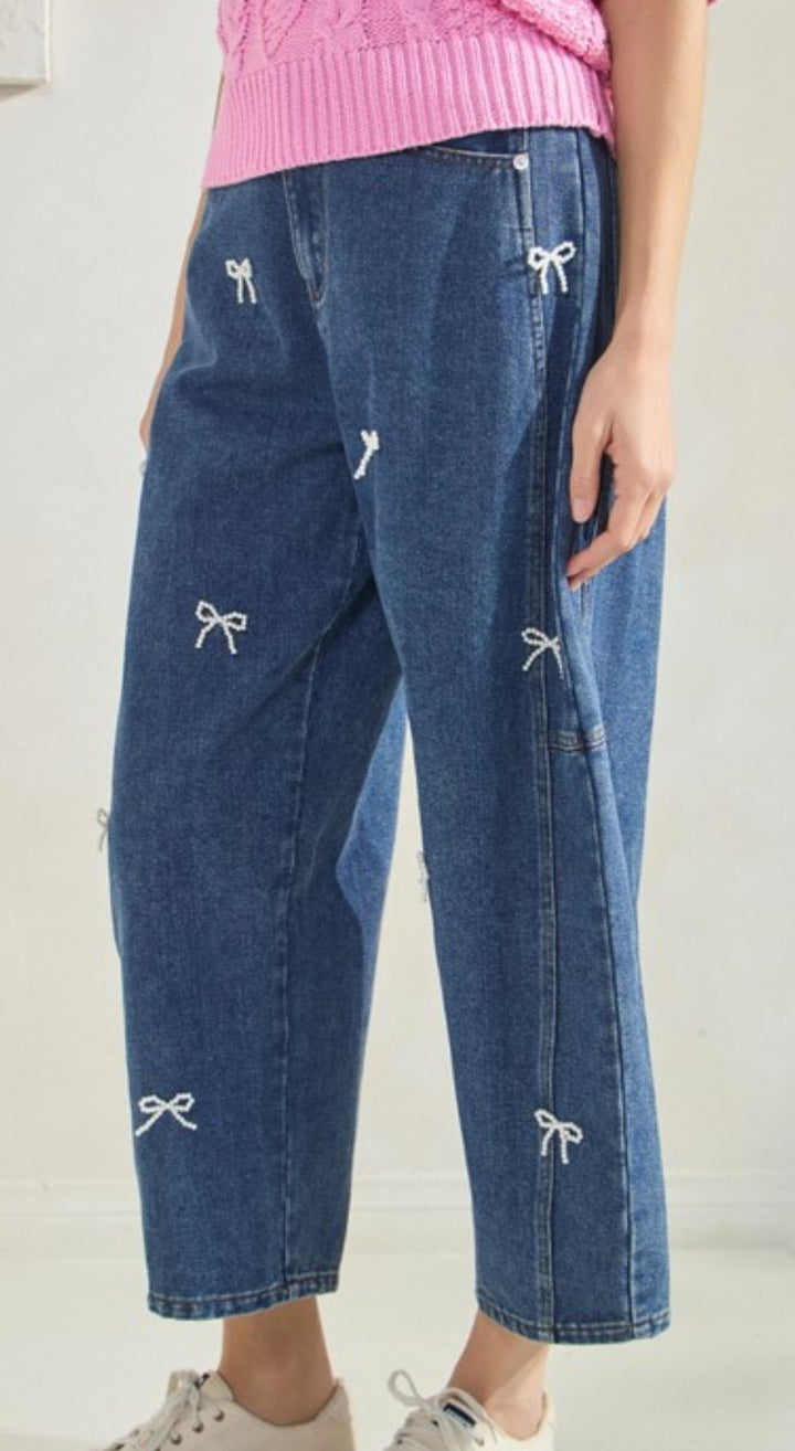 Pearly Bow Barrel Jeans