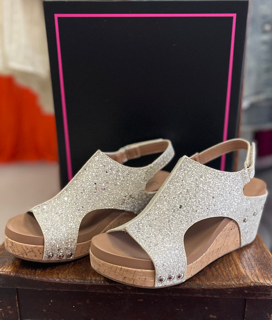 Silver Glitter Carley wedges by Corkys