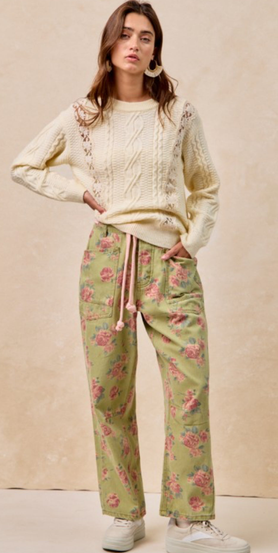 denim printed floral pants with braided waist tie