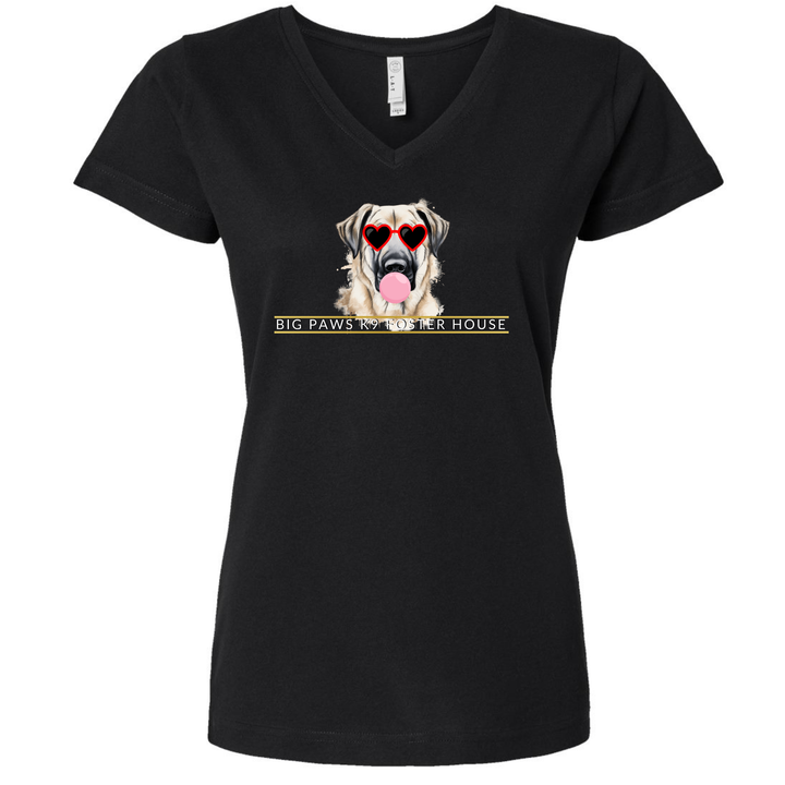 Big Paws Girl Dog V-Neck Ladies Tee