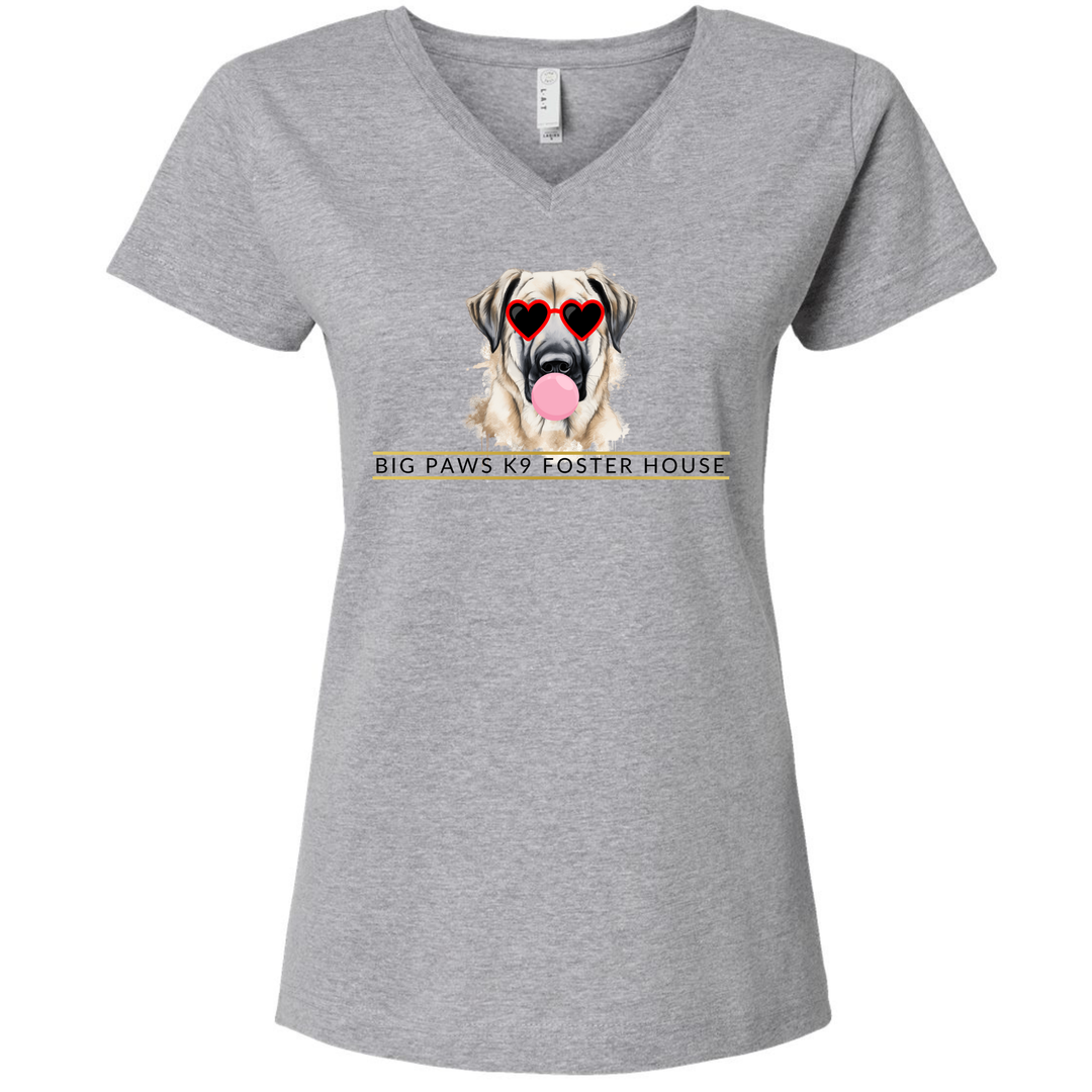 Big Paws Girl Dog V-Neck Ladies Tee