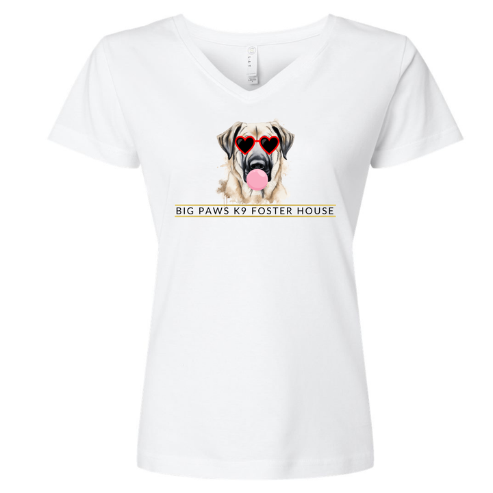 Big Paws Girl Dog V-Neck Ladies Tee