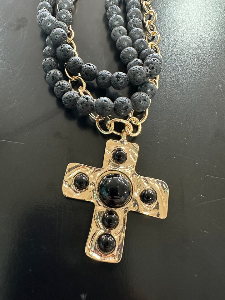 Cross Triple Strand Necklace Set