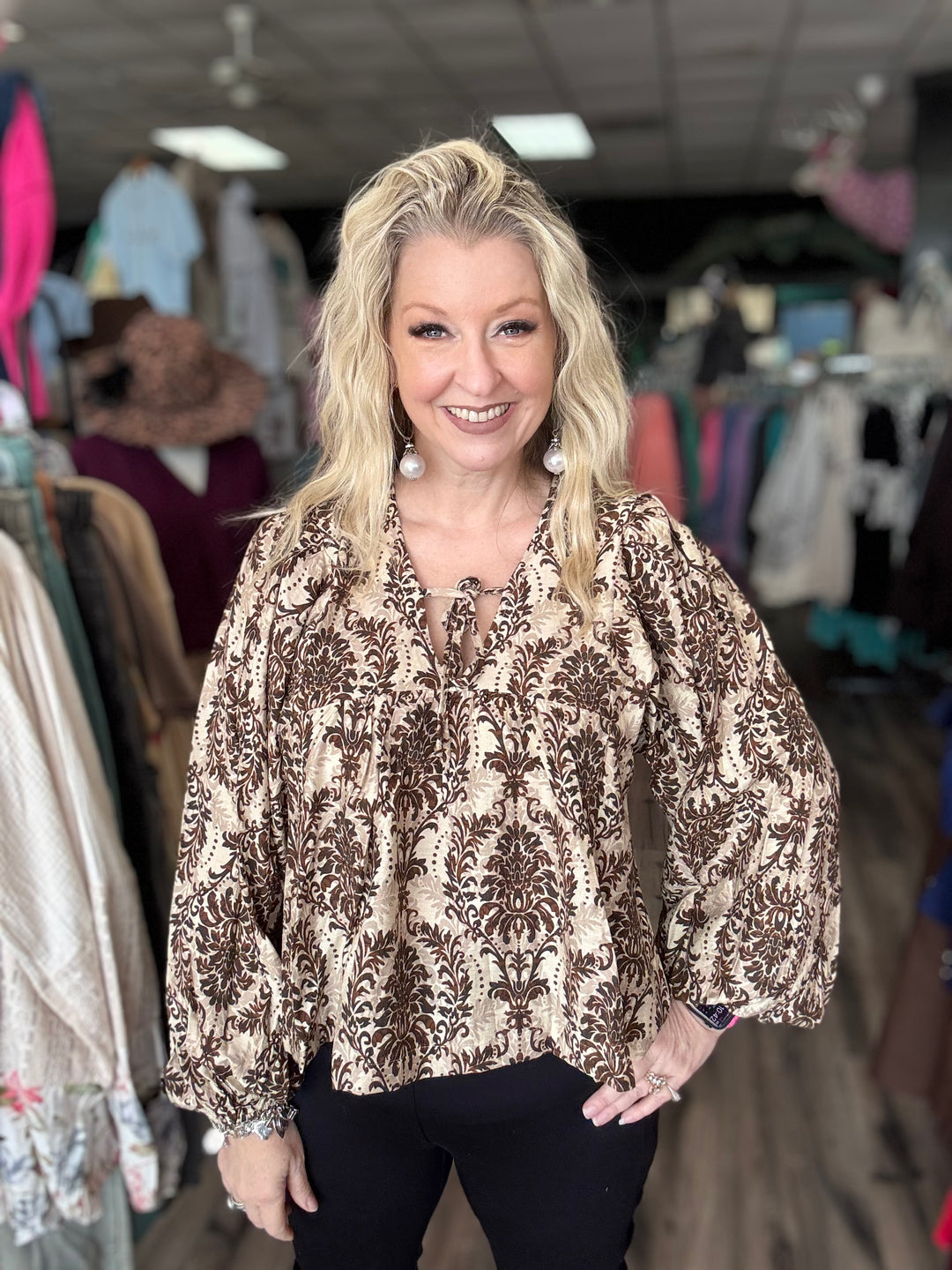 Bibi balloon sleeve brown & cream Fall floral top
