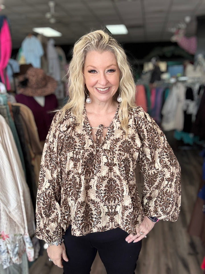 Bibi balloon sleeve brown & cream Fall floral top
