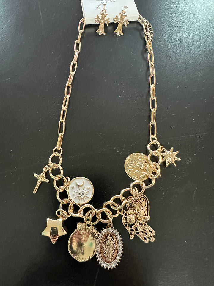 Gold Charm Necklace & Earrings Set