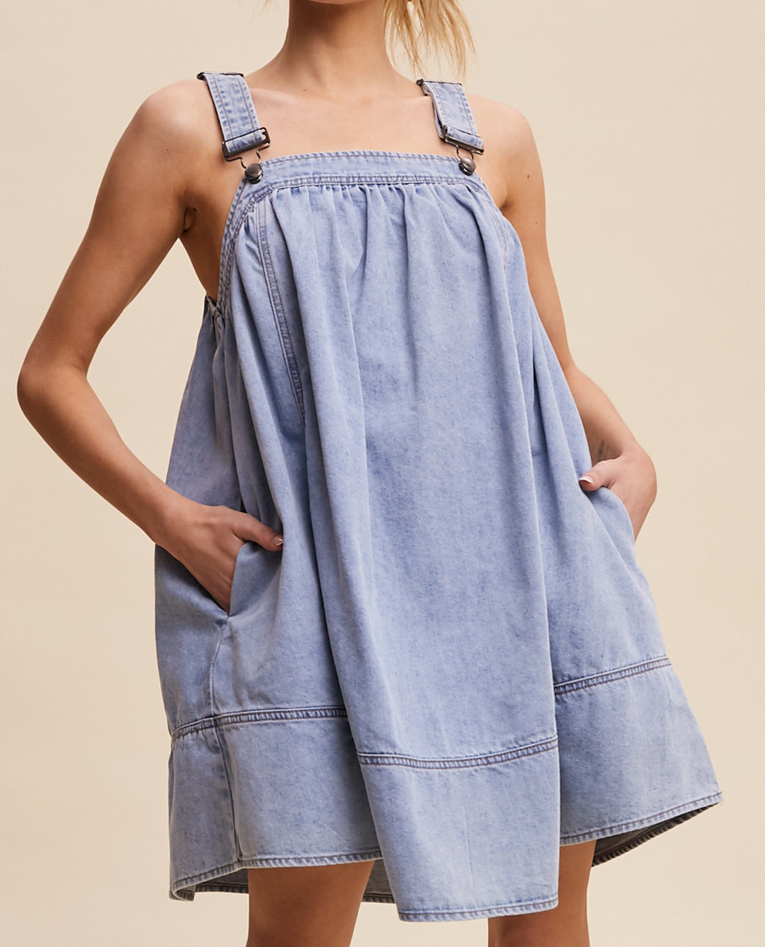 Pleated Denim Overall Dress