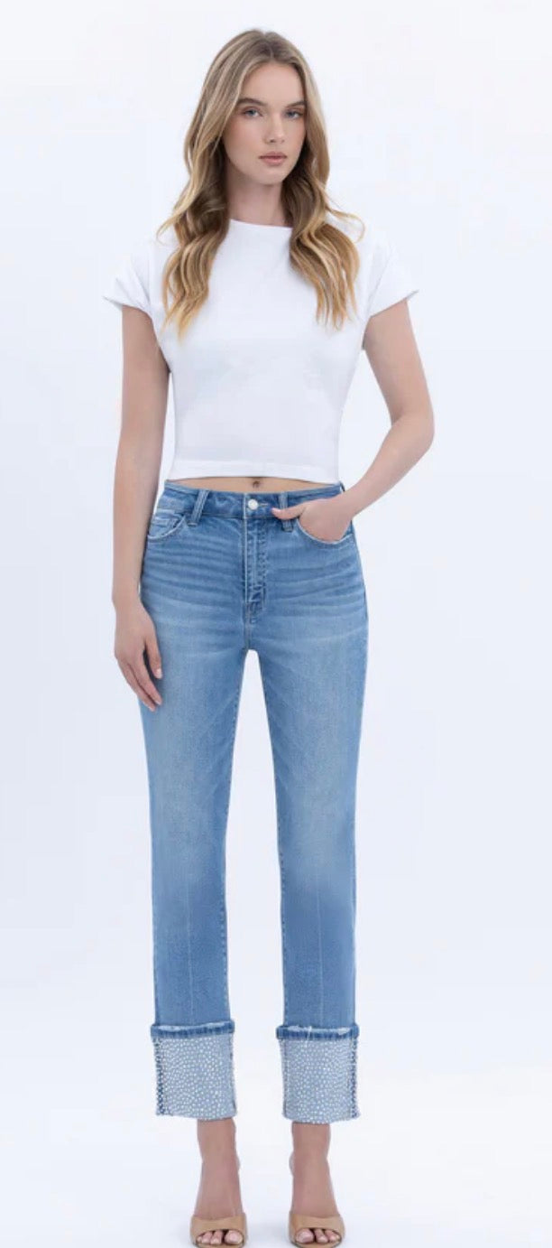 Vervet Jeanne HR Rhinestone Cuffed Jeans