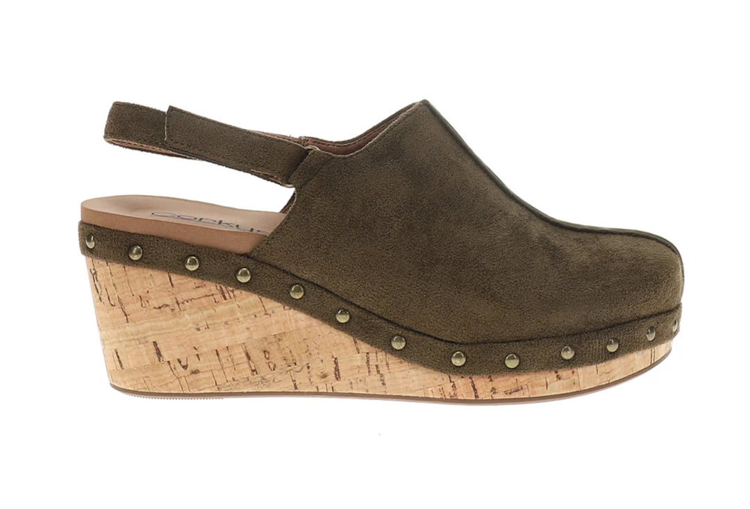 chocolate faux suede cork wedge clog shoe